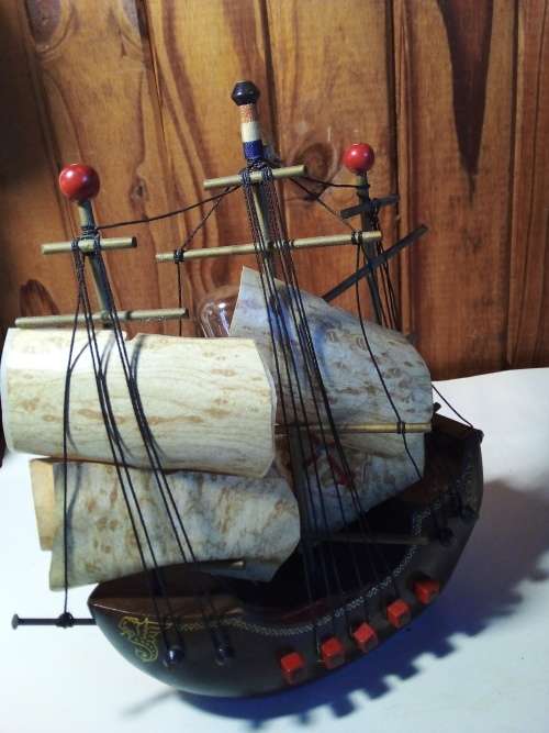 Small Vintage Wood Ship Model with Light