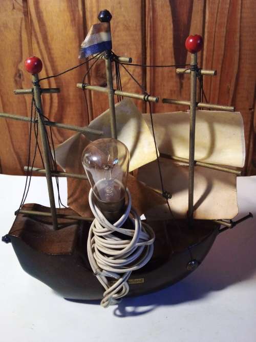 Small Vintage Wood Ship Model with Light