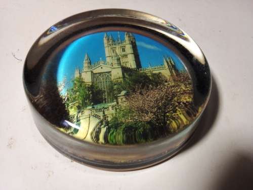 Vintage Solid Glass Paperweight with Image of Castle