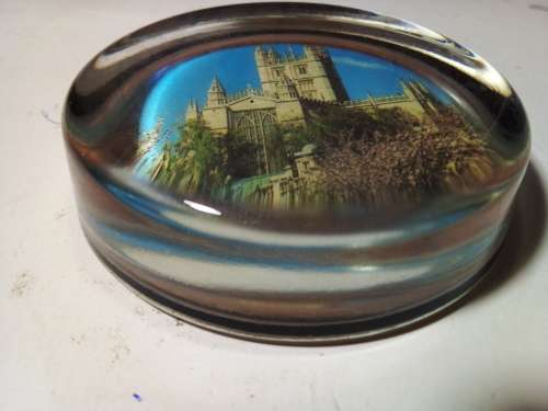 Vintage Solid Glass Paperweight with Image of Castle