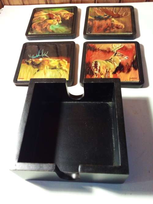 Four Animal Art Tile Coasters with Holder