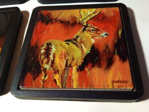 Four Animal Art Tile Coasters with Holder