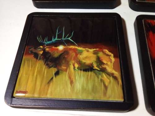 Four Animal Art Tile Coasters with Holder