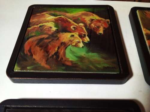 Four Animal Art Tile Coasters with Holder