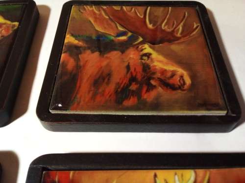 Four Animal Art Tile Coasters with Holder