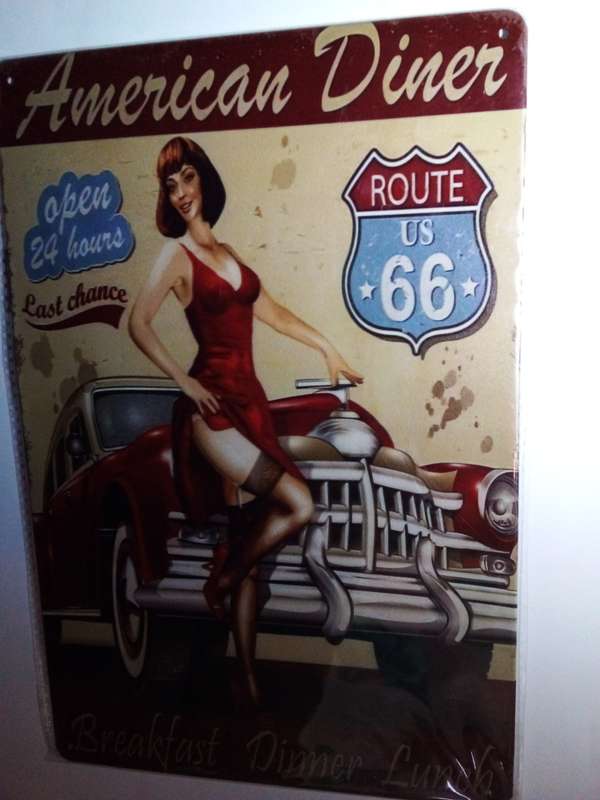 Tin Metal Route 66 American Diner Sign