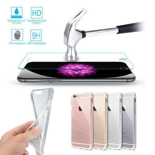 iPhone 6s plus Tempered Glass Screen Protector + Clear Soft TPU Case