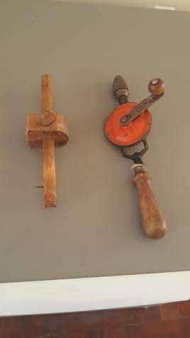 ANTIQUE DRILL AND WOODEN TOOL!BOTH FOR ONE BID DONT MISS OUT