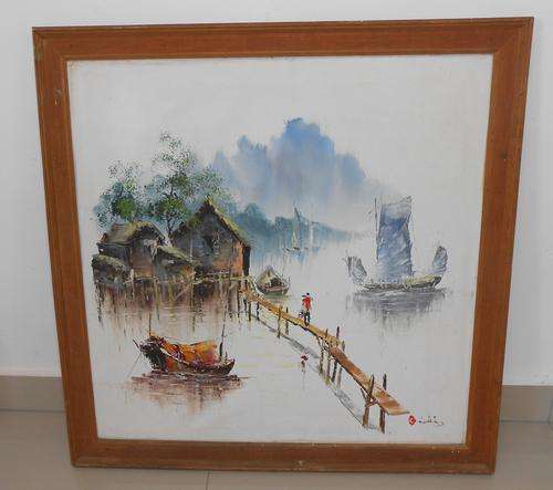 Oil on Board Original Painting Chinese Village Scene