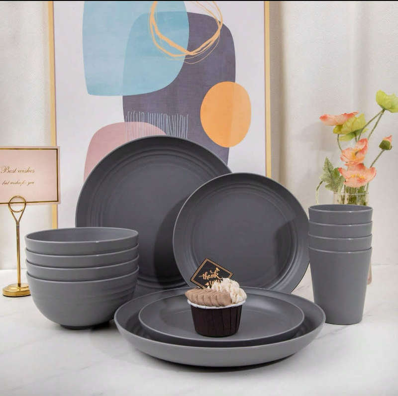 16pcs Deep Grey Wheat Straw Tableware Set, Reusable & Microwave & Dishwasher Safe, Unbreakable Plate