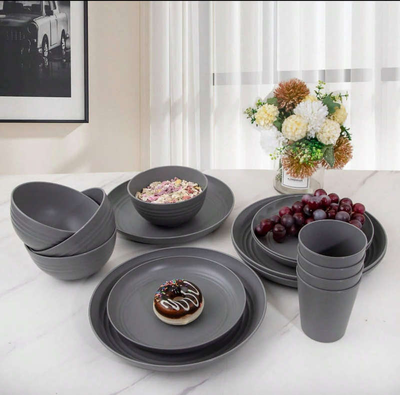 16pcs Deep Grey Wheat Straw Tableware Set, Reusable & Microwave & Dishwasher Safe, Unbreakable Plate