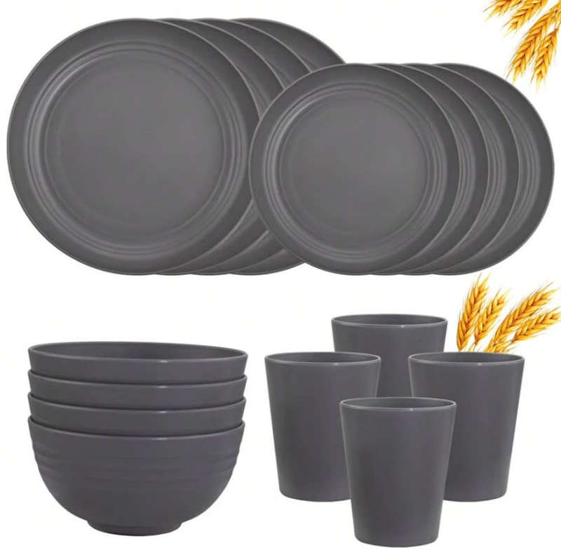 16pcs Deep Grey Wheat Straw Tableware Set, Reusable & Microwave & Dishwasher Safe, Unbreakable Plate