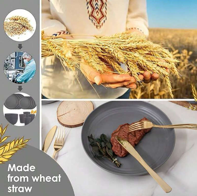 16pcs Deep Grey Wheat Straw Tableware Set, Reusable & Microwave & Dishwasher Safe, Unbreakable Plate