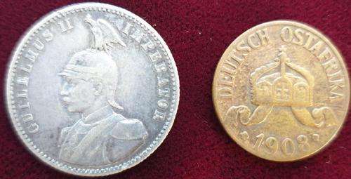 German East Africa 1/2 Rupie ( Silver ) 1901 and 1 Heller 1908