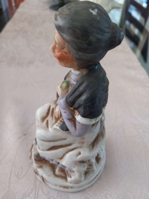 Vintage FBIA Bisque Porcelain Elderly Old Woman with Fruit Basket