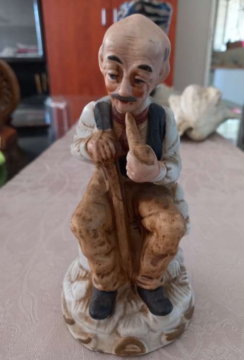 Vintage Rare - FBIA Bisque Porcelain Old Man Sitting on Bench with Cane/Pipe Hummel