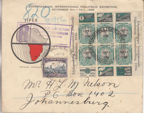 SA Union Jipex halfpenny sheetlet on cover cancelled 14/11/36 as scanned