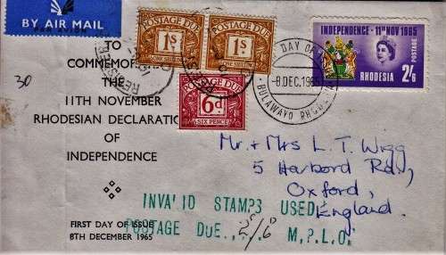 Rhodesia Political cover UK Postage dues on envelope of Independence as scanned