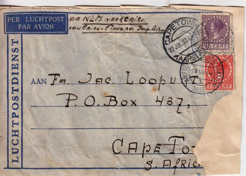 Netherlands Part envelope on piece marked via KLM naar Cairo to Cape Town 1933