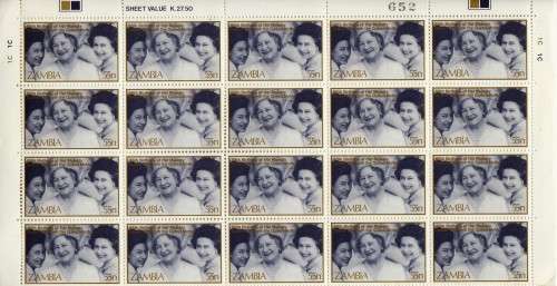 Zambia MNH Elizabeth queen Mother part sheets 2nd and 3rd sheets have 20 stamps half scanned only