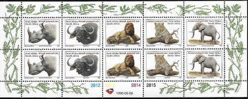RSA  1996 MNH  Big five sheetlet 10 stamps face value R126