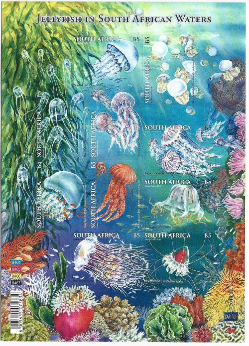 Jellyfishes in South African waters 10 B5 self adhesive stamps on sheetlet Face value R107.50