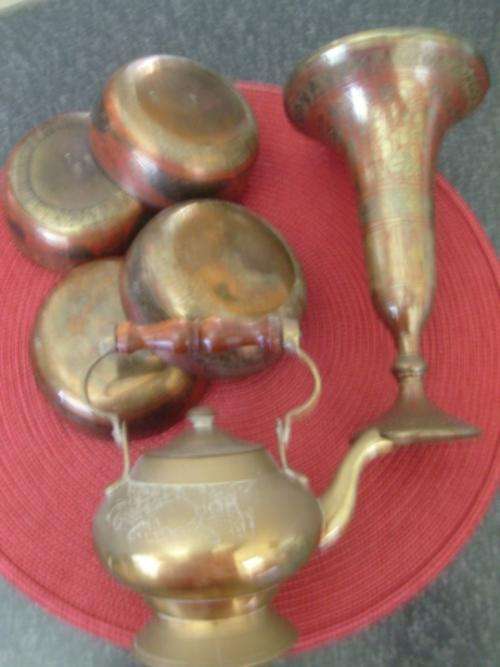 AWESOME!! LOT OF VINTAGE ENAMELED BRASS + TEAPOT