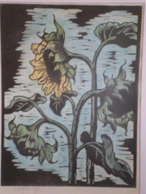 WOW!!! GREGOIRE BOONZAIER WATERCOLOUR LINOCUT OF SUNFLOWERS SIGNED AND DATED 1978