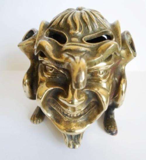 EXTRAORDINARY!!! LARGE HIGHLY DETAILED VICTORIAN BRASS GOBLIN FORM INKWELL CIRCA 1900
