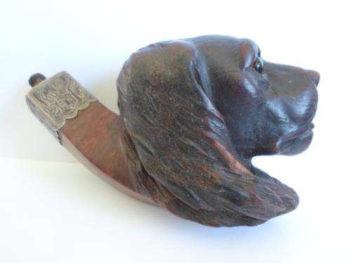 OUTSTANDING!!!! 1896 VICTORIAN CARVED WALNUT DOG FORM PIPE WITH 1896 BIRMINGHAM SILVER COLLAR