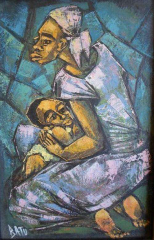 BEAUTIFUL!! OIL ON CANVAS BY MATHEWS BATU OF MOTHER & CHILD 300 X 200mm VALUE R1500