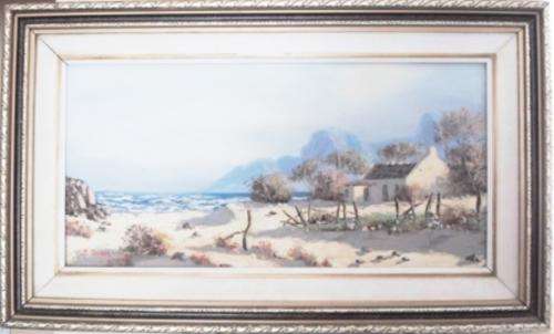 AWESOME!! LARGE VINTAGE WP GROBLER SEASIDE COTTAGE OIL ON BOARD 610 x 300mm