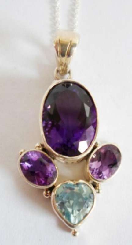 SPECTACULAR!! LARGE STERLING SILVER AMETHYST & BLUE TOPAZ PENDANT WITH 925 CHAIN