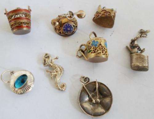 COLLECTION OF 8 ANTIQUE & VINTAGE SILVER CHARMS 4 ARE FILIGREE & ENAMEL