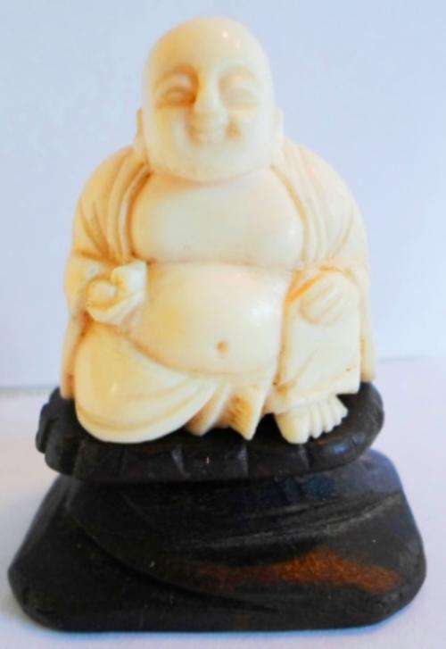 EXCEPTIONAL!! EARLY 20th CENTURY ELEPHANT IVORY BUDHA CARVING ON WOODEN BASE CIRCA 1910