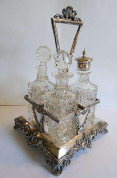 GORGEOUS!! VICTORIAN SILVER PLATED CRUET WITH HOBNAIL CUT CRYSTAL BOTTLES CIRCA 1890's
