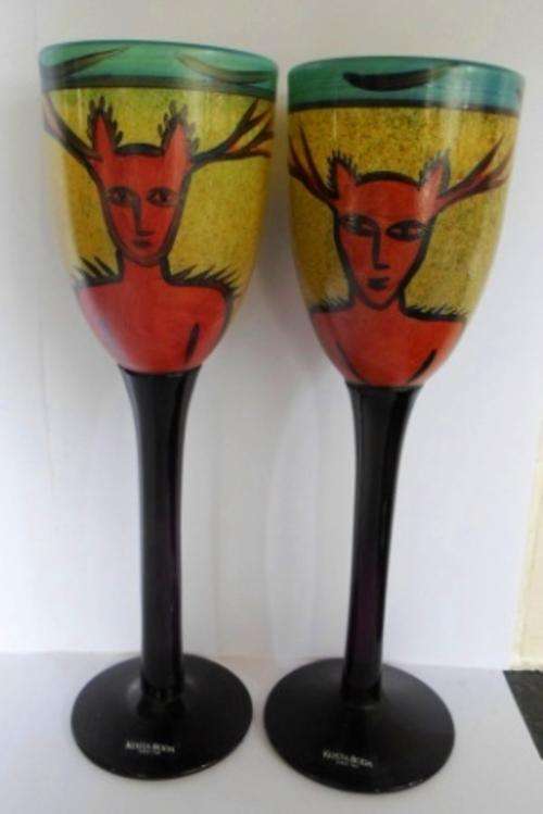 STUNNING!! LARGE PAIR OF KOSTA BODA WINE GLASSES PAINTED BY ULRICA VALUE R1500