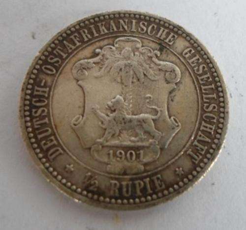 RARE!! 1901 DEUTSCH OSTAFRIKANISCHE GESELLSCHOFF 1/2 RUPEE SILVER COIN 5.8gr