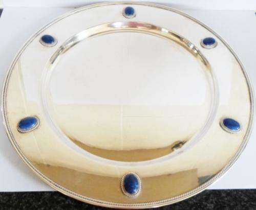 WOW!! LARGE PERSIAN STERLING SILVER TRAY SET WITH LAPIS LAZULI STONES 718gr
