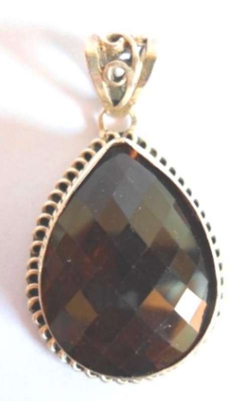 HUGE!! STERLING SILVER & PEAR SHAPED SMOKEY QUARTZ PENDANT 50mm X 28mm X 15mm