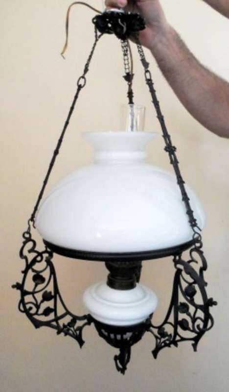 BEAUTIFUL!! ART NOUVEAU CAST IRON CEILING OIL LAMP CONVERTED FOR ELECTRICITY
