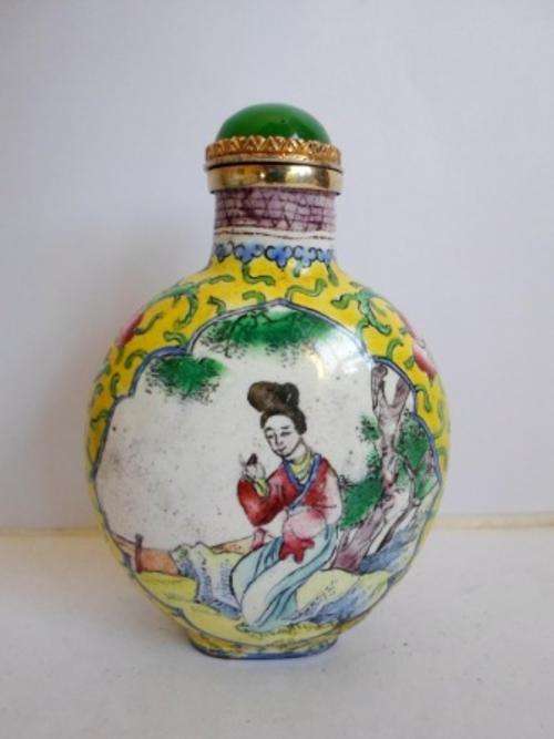 SUPER RARE!! EARLY 19th CENTURY CHINESE ENAMEL SNUFF BOTTLE WITH STERLING SILVER LID & SPOON