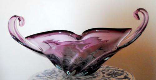 MAGNIFICENT!! LARGE VINTAGE MURANO AMETHYST GLASS BOWL WITH FANTASTIC DESIGN 450mm X 230mm X 200mm