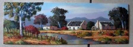 STUNNING!! W.P. GROBLER OIL ON BOARD OF COTTAGES 455mm X 155mm, VALUE R1500 WOW!!