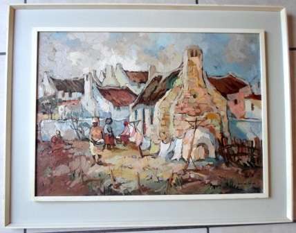 WOW!!! KOBUS LOUW (1933 - ) ARNISTON COTTAGES OIL ON BOARD 640 X 460mm  VALUE R12500