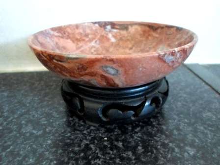 WOW!! VINTAGE CHINESE CARVED JASPER STONE BOWL ON WOODEN STAND WOW!! WOW!!