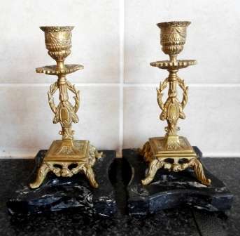 WOW!! PAIR OF VICTORIAN BRASS CANDLESTICKS ON MARBLE BASES CIRCA 1880's WOW!!!