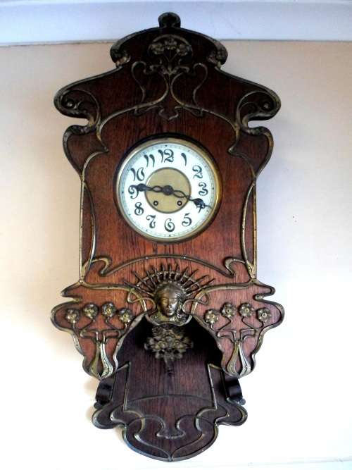HUGE!! ART NOUVEAU LENZKIRCH OAK & GILT BRONZE WALL CLOCK CIRCA 1905, 100% WORKING VALUE R16,500