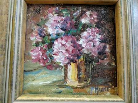 WOW!! STUNNING!! MINIATURE,  P. MAHNE OIL ON BOARD OF FLOWERS IN A VASE 100 X 100mm WOW!!