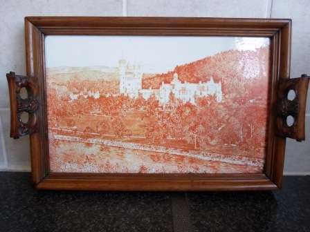 WOW!! VICTORIAN SCOTTISH PORCELAIN & OAK TRAY OF BALMORAL CASTLE WITH PERMISSION FROM THE QUEEN WOW!